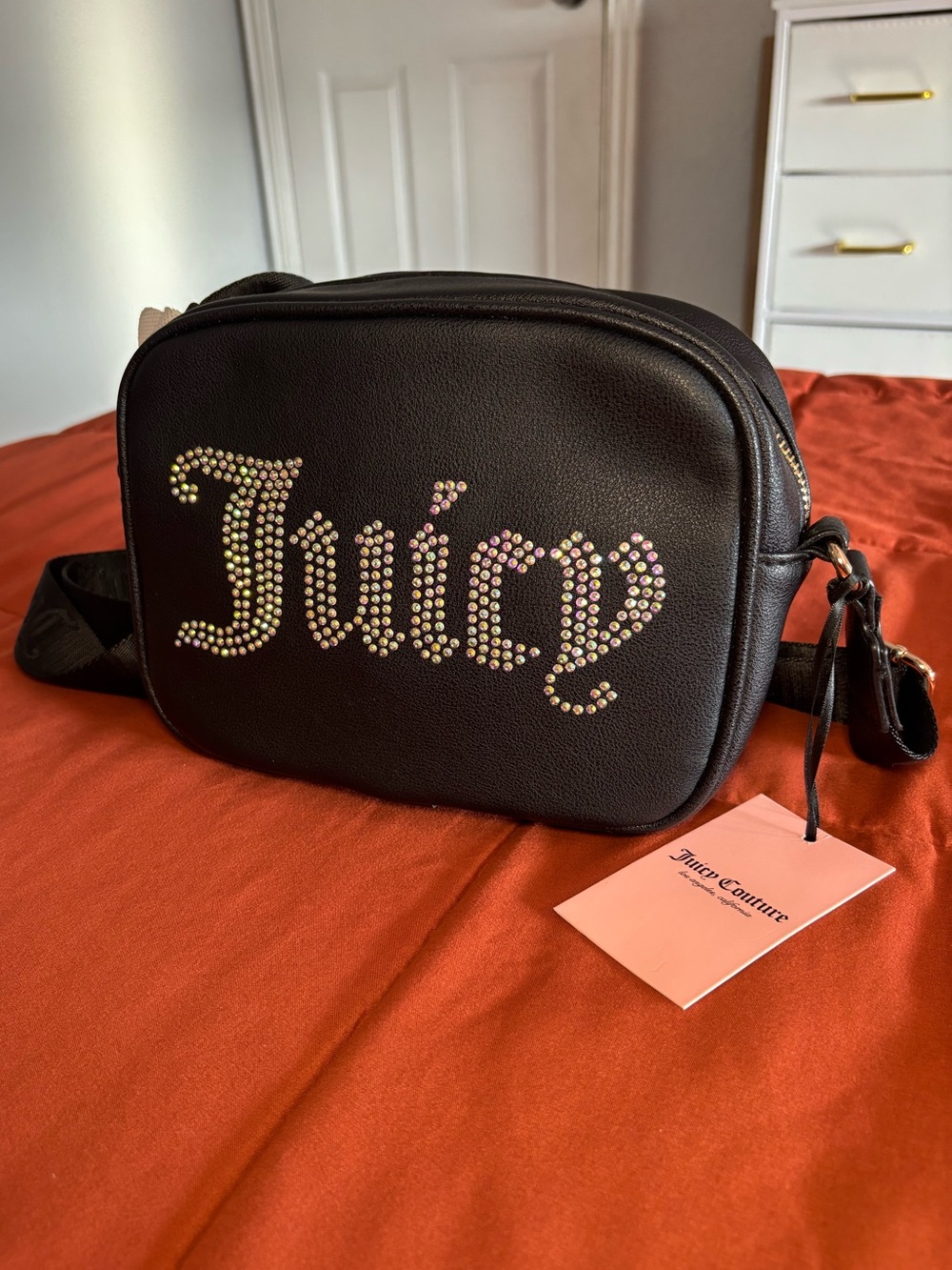 Y2K Juicy Couture Black Faux Leather Crossbody Bag W/ Iridescent Crystal Logo